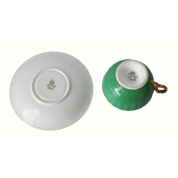 Aynsley Green & Gold Bone China Teacup & Saucer Set With Pink Cabbage Rose - Picture 7 of 10